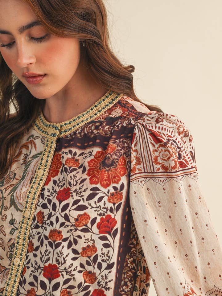 &MERCI - Wholesale Button Down Shirt - Women's - PATCHWORK PRINT CROCHET TRIM BUTTON DOWN TOP MTP43824