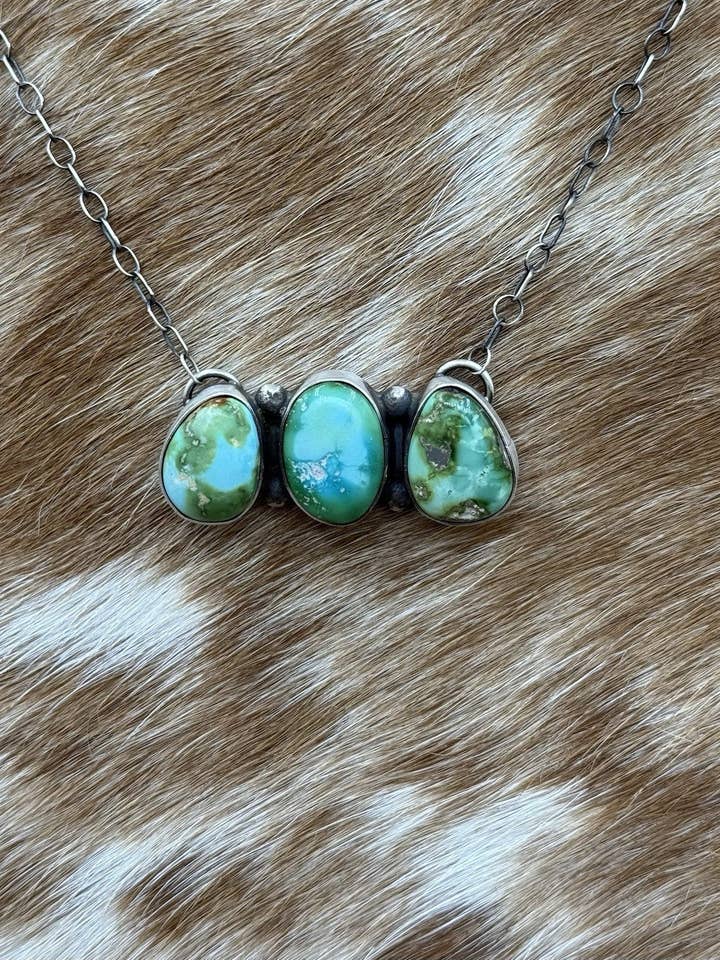 Navajo Handmade Sterling Silver Sonoran Gold Turquoise Cluster Bar Necklace 18” for wholesale by Native City Jewelry