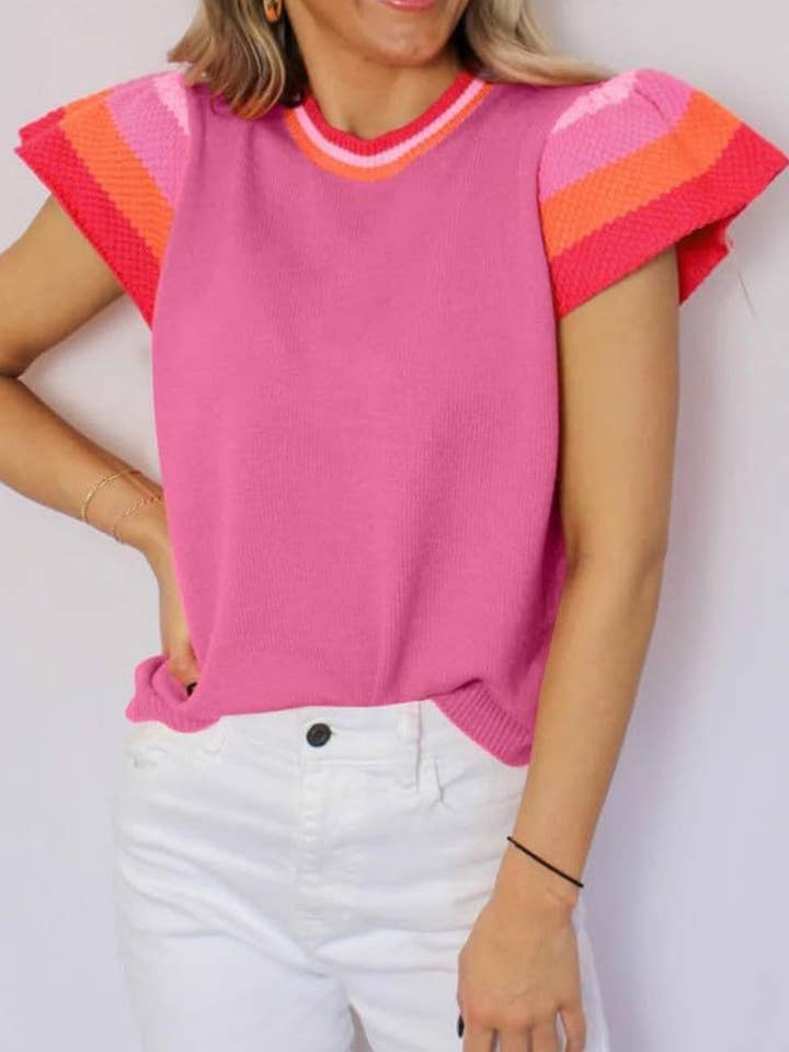 safistyle - Wholesale Knit Sweater - Women's - Crew Neck Colorblock Short Sleeve Knit Sweater
