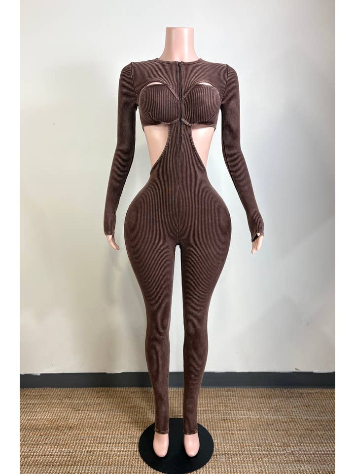 Dalia Studio - Wholesale Jumpsuit - Women's - MINERAL WASH OPEN BACK FRONT CUT-OUT JUMPSUIT