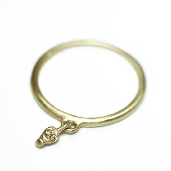 Mini Skull Charm Dangle Ring in 10K Gold and 14K Gold with Diamonds for wholesale by Michelle Chang
