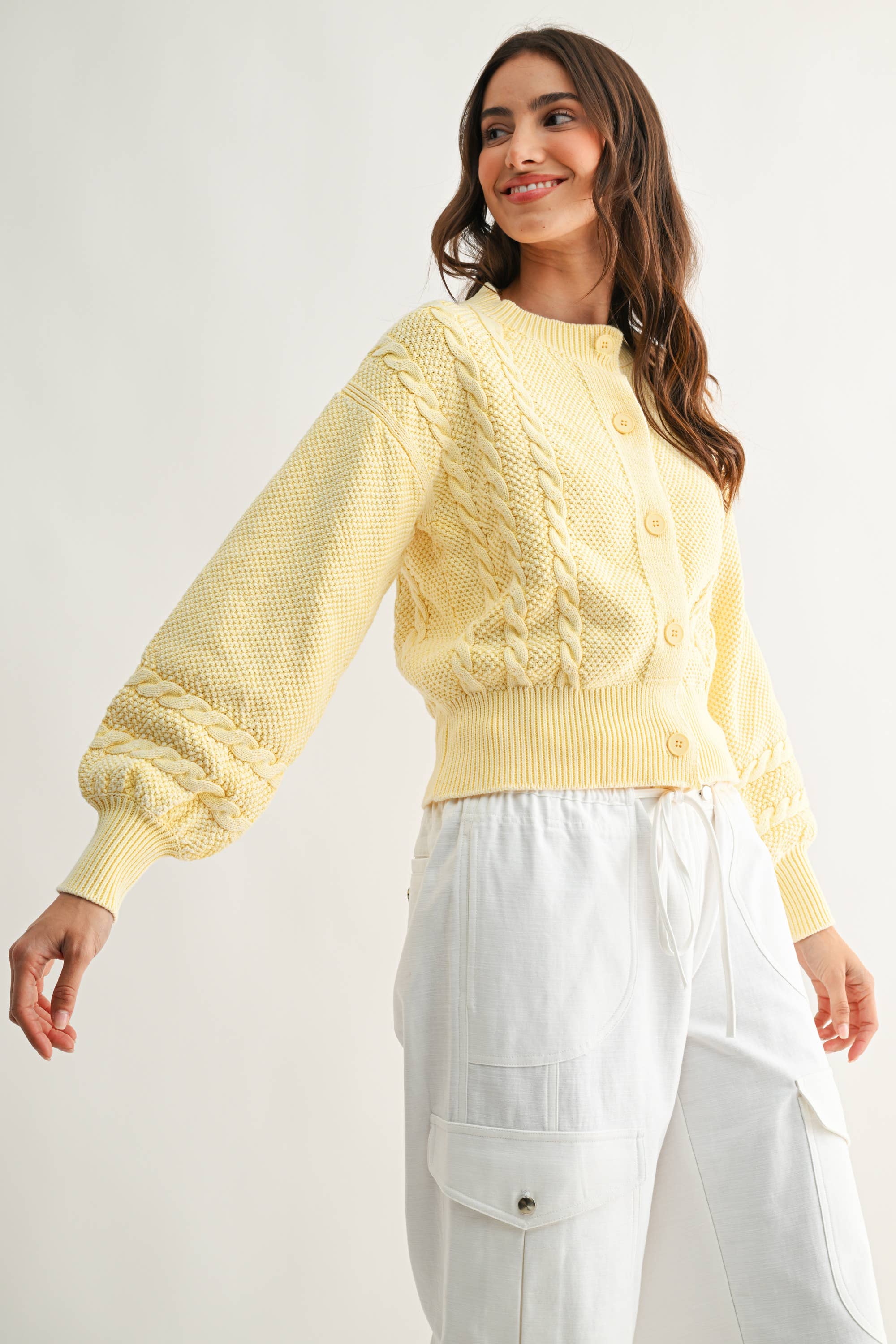 Camellia - Wholesale Cardigan - Women's - CW10019E WASHED BLENDED BROWN CABLE KNIT CARDIGAN5