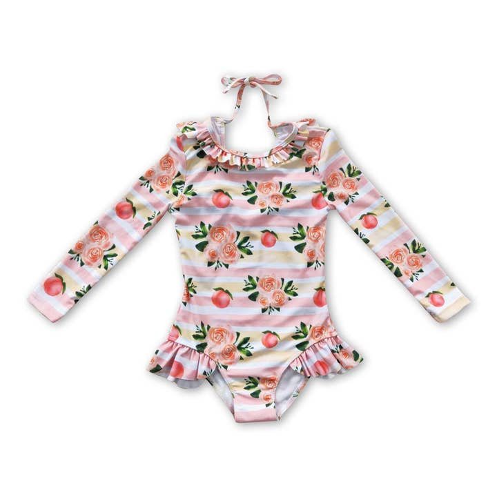 Long sleeves peach floral baby girls lining swimsuit for wholesale by Yawoo Garments