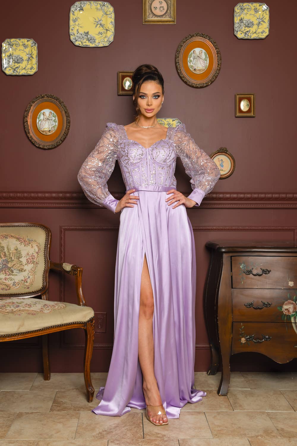 RICARICA INC. - Wholesale Gown - Women's - 2431-SOLID COLOR SATIN AND SEQUIN GLITTER MAXI DRESS0