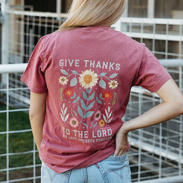 Give Thanks To The Lord Fall Flowers Tee - Crimson for wholesale by Paper Farm Press