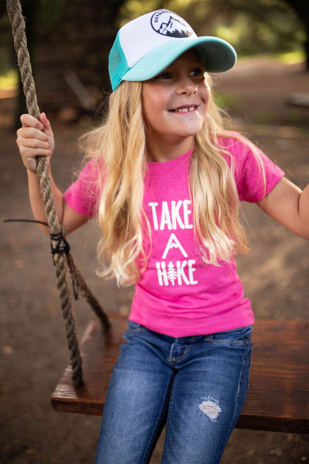 Outdoorable Apparel - Wholesale Screen Printed T-Shirt - Kids - Pink with White Take A Hike Girl's Shirt2
