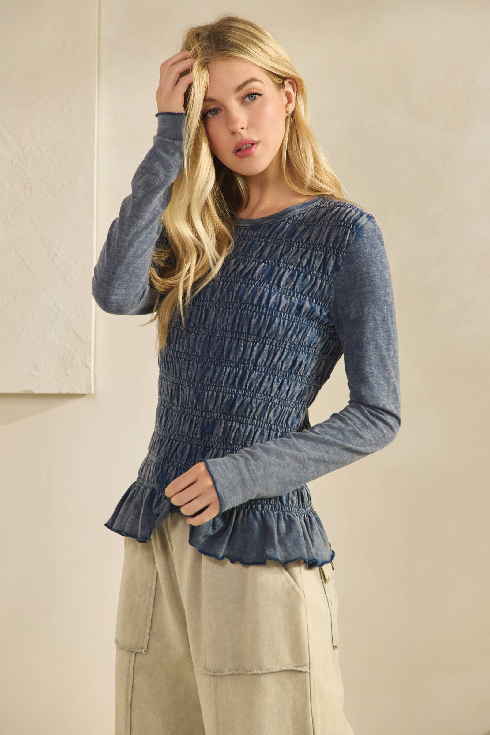 Sage + Fig - Wholesale Knit Top - Women's - SMOCKED PEPLUM LONG SLEEVE TOP (ST7986) 12