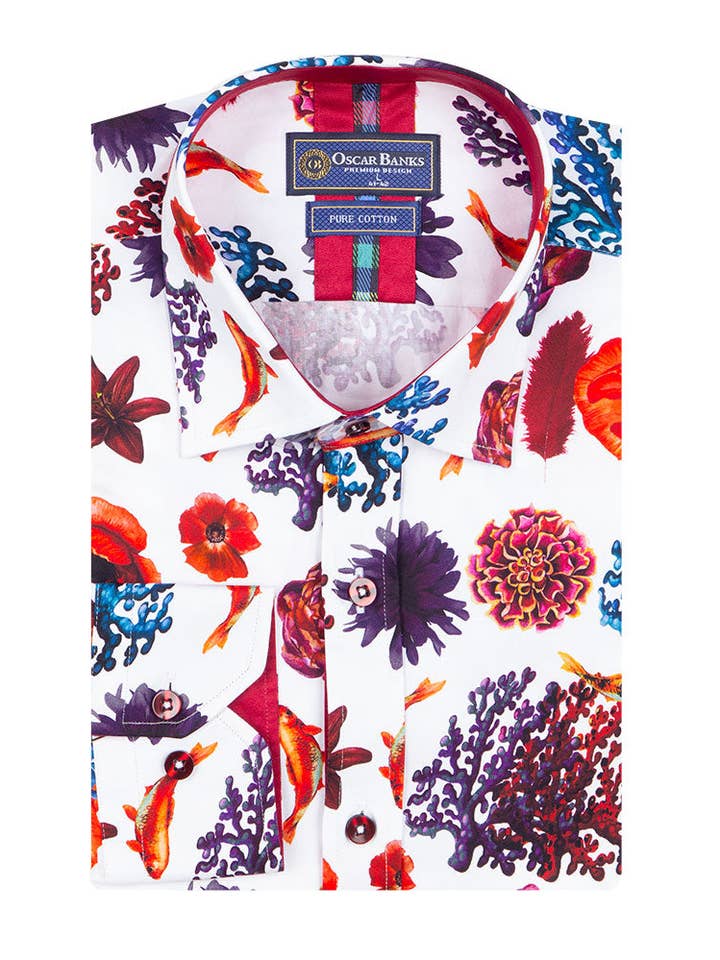 Chemise pour homme à imprimé bord de mer avec mouchoir assorti pour la vente par Makrom