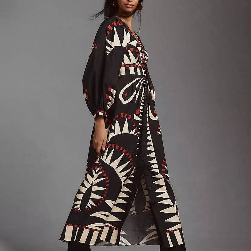 STAMPA Abito vintage lungo a maniche lunghe con scollo a V e stampa floreale in vendita all'ingrosso su Faire2