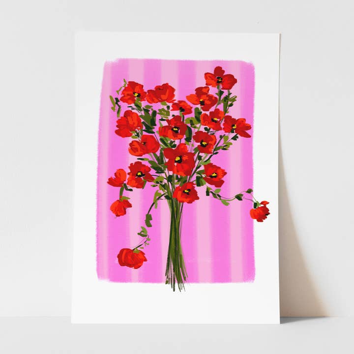 Pink and Red Poppy Flower Bouquet, Floral Wall Art Print for wholesale by Georgie King Designs