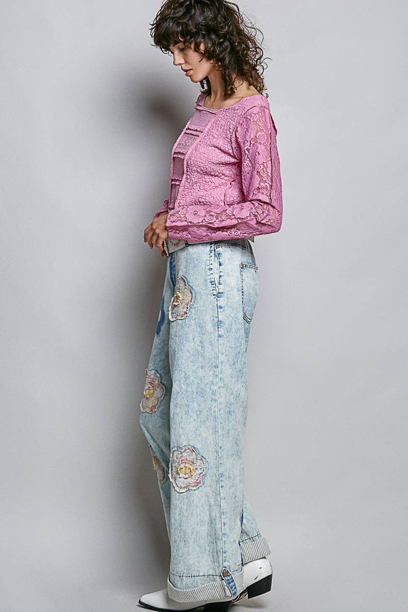 Pol Clothing - Wholesale Pants - Women's - Floral Patchwork Rolled-up Denim Straight Pants9