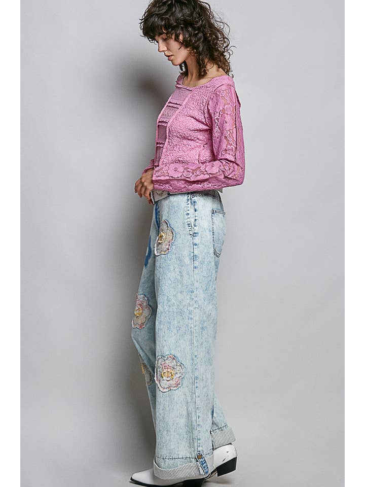 Pol Clothing - Wholesale Pants - Women's - Floral Patchwork Rolled-up Denim Straight Pants9