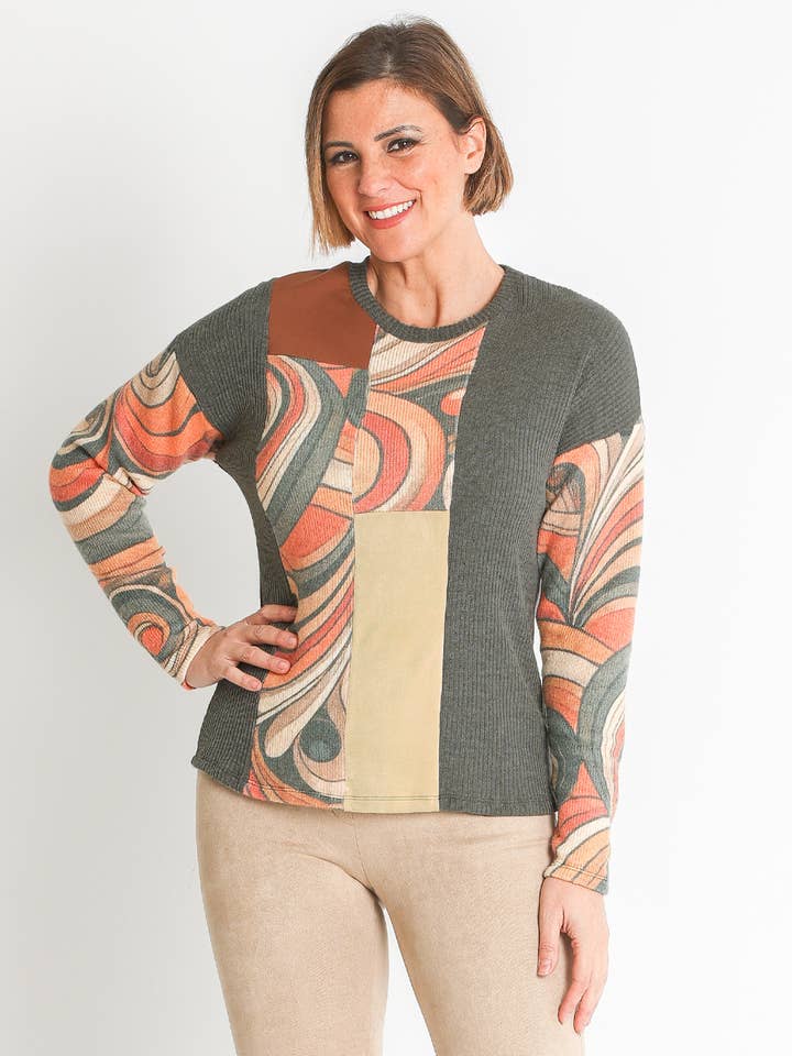 372192L T-SHIRT DE MALHA LÃ CANELADA COMBINADA por atacado de LOURDES CASTILLO