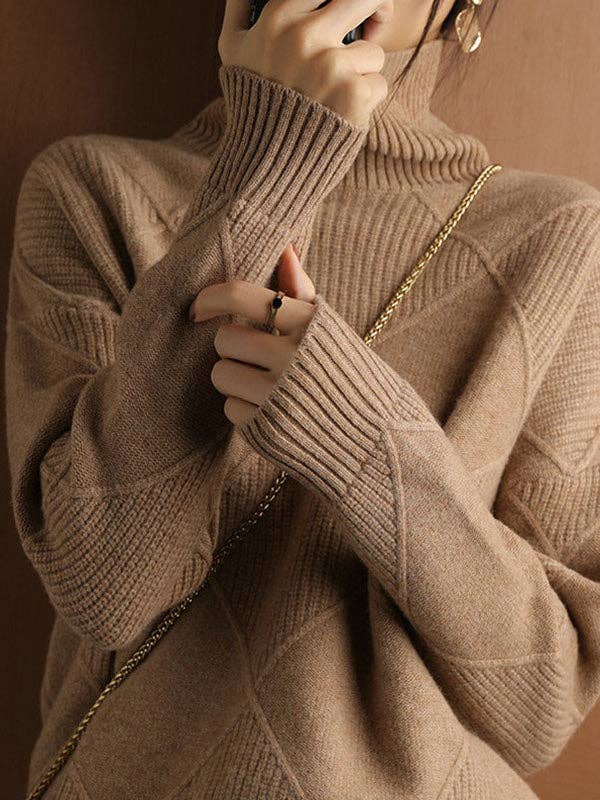 ShieldChic - Wholesale Knit Sweater - Women's - Loose Jacquard Solid Color High-Neck Sweater Tops7