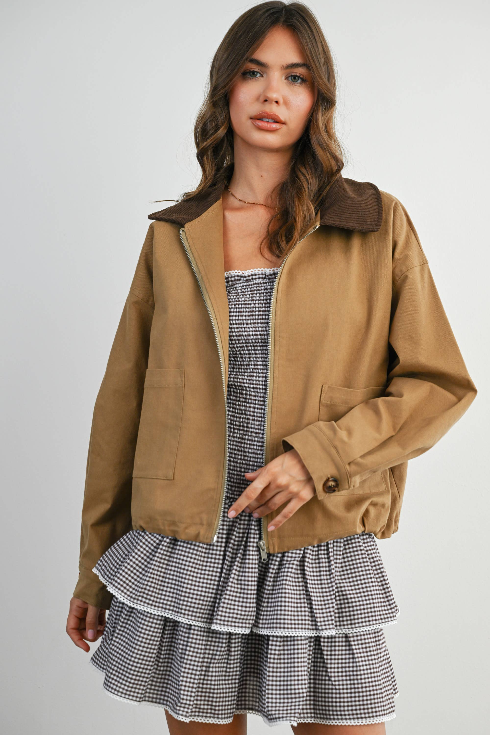 BUTTERMELON - Wholesale Jacket - Women's - Collared Zip-Up Drawstring Jacket - BMJ782515