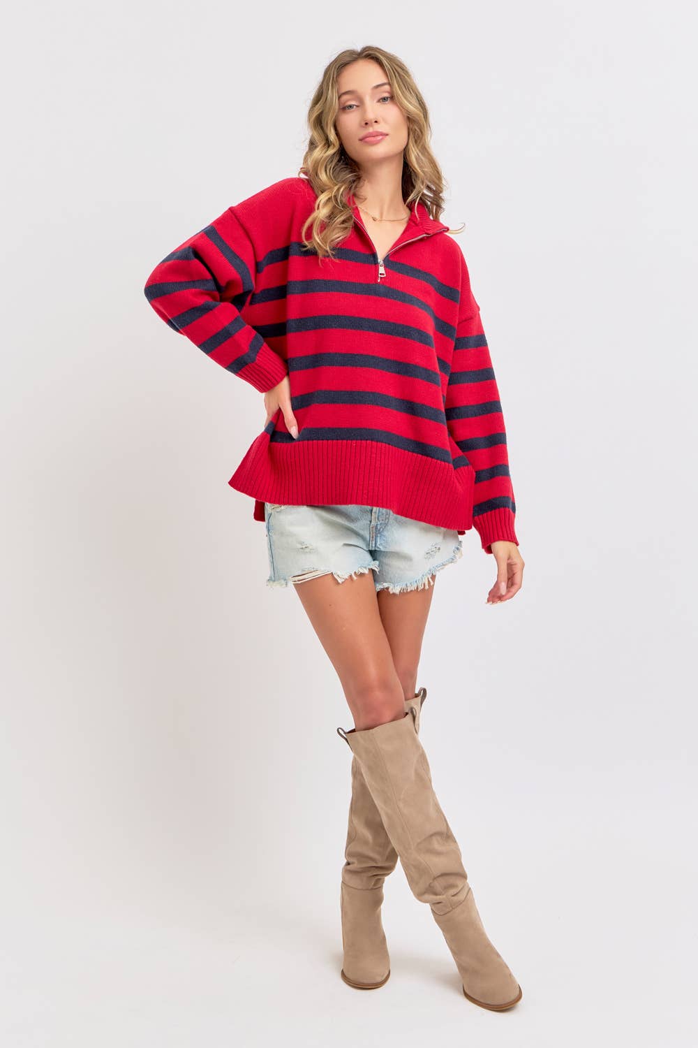 Sweet Lovely by Jen - Wholesale Knit Sweater - Women's - STRIPED ZIP-FRONT OVERSIZED PULLOVER KNIT SWEATER  37