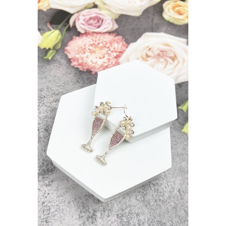 JHP Collection - Wholesale Dangle Earrings - CLASSY WINE GLASS GOLD GLITTER EARRINGS