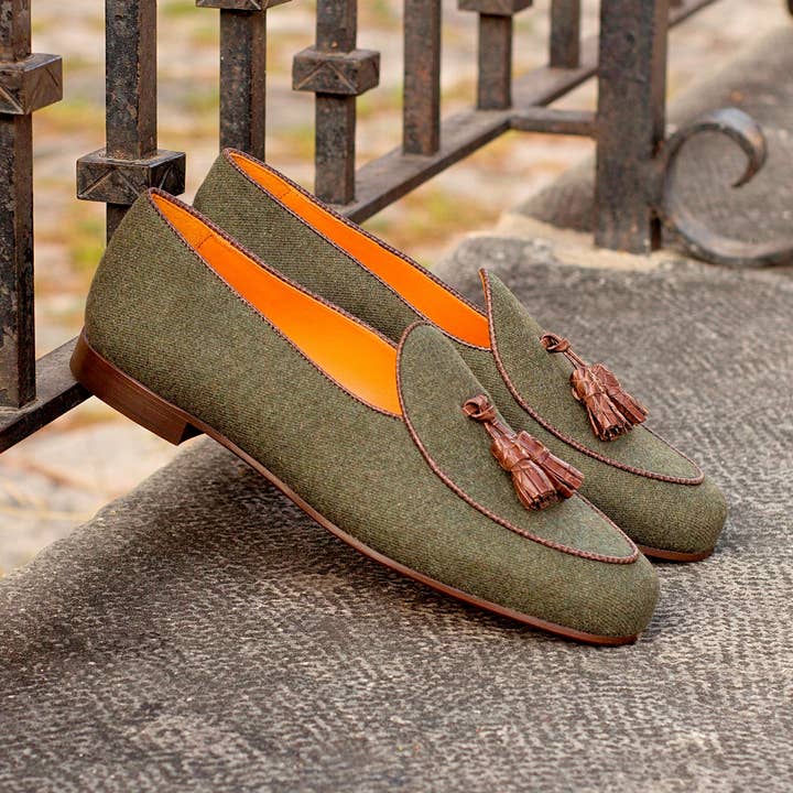 Marcello Flannel & Leather Slipper in Green / Dark Brown for wholesale by DapperFam