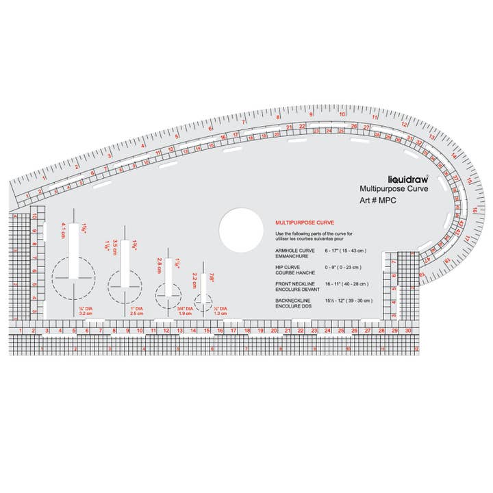 Liquidraw - Wholesale Craft tool - Liquidraw 4 in 1 Multipurpose Curve Ruler Includes Armhole Curve Ruler, Hip Curve Ruler, Front Neckline & Back Neckline, Pattern Making Fashion Design Ruler - Imperial & Metric