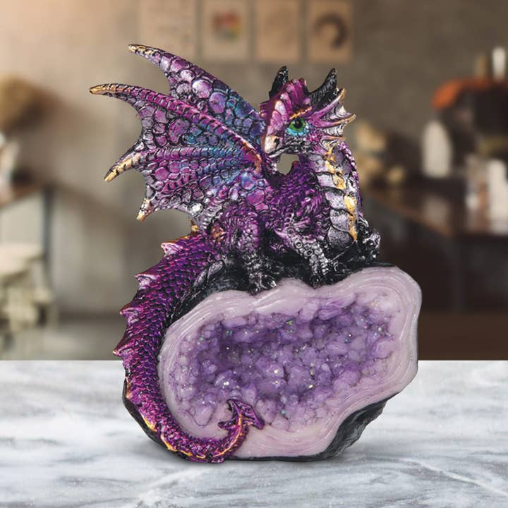 4"H Purple Dragon Guarding Faux Crystal Cave Figurine Gifts for wholesale by FC Design