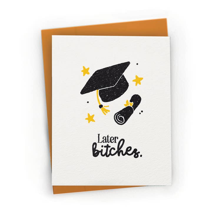 Later Bitches Cap and Diploma - A2 Graduation Greeting Card for wholesale by Petty Paper Studio