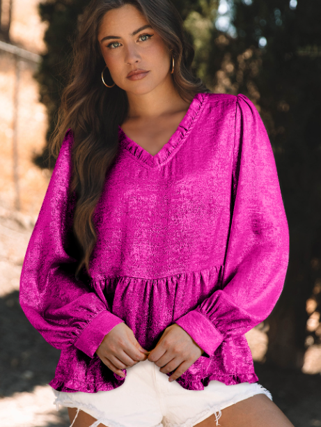 Lovesoft – wholesale Blus - Dam – Guld Metallic Volangerad V-ringad puffärm Babydoll-blus5