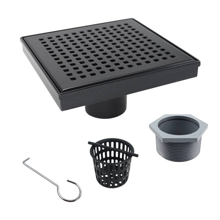 inQbrands – wholesale Bathroom accessory set – 6x6 Stainless Steel Square Shower Drain, Matte Black