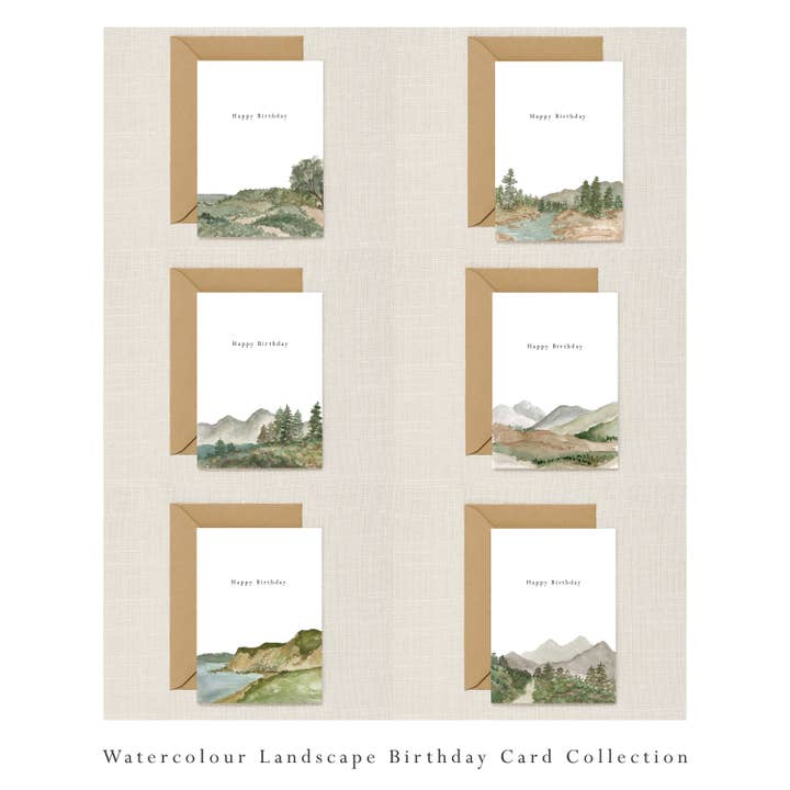HeatherLucyJ Design – wholesale Birthday card – Flower Mountain Watercolour Landscape Greeting Card 1