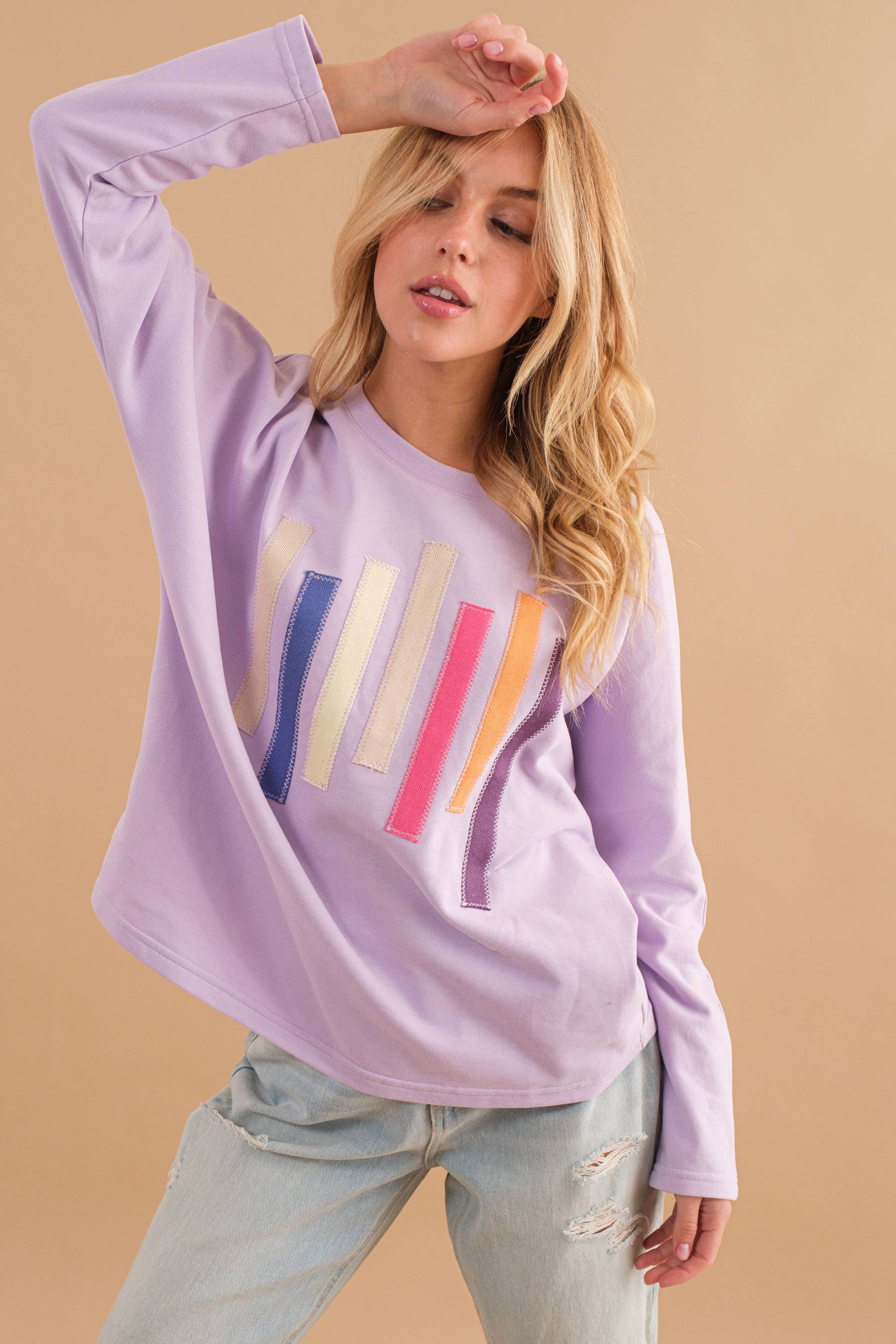 LAVENDEL 61143T - Texturerad Block Pattern Pullover Tröja för wholesale på Faire1