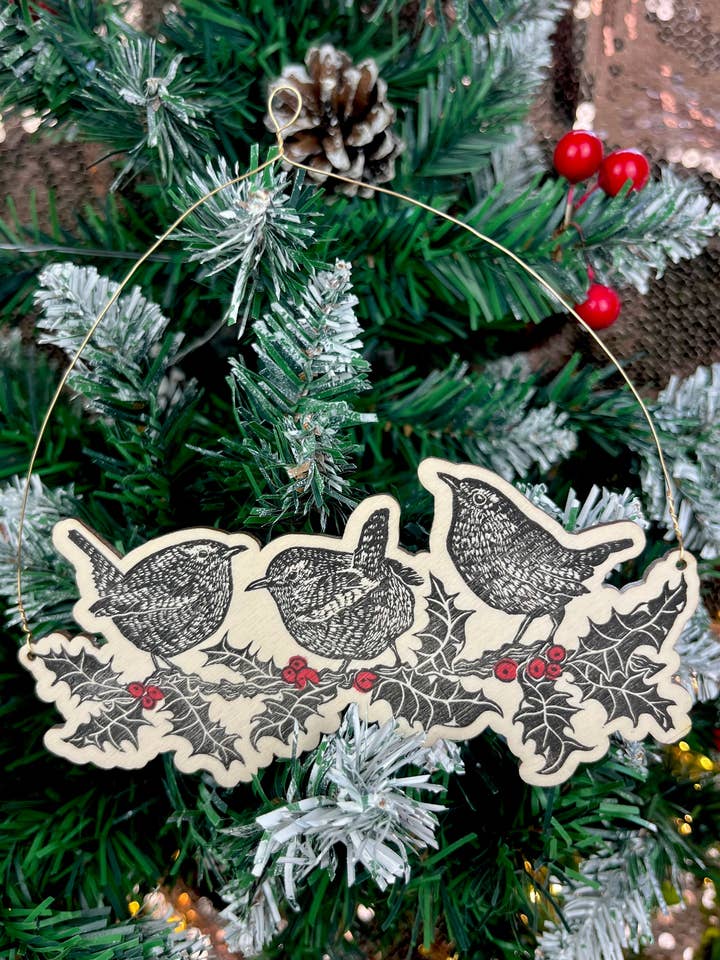 3 Wrens on a Holly Branch for wholesale by Beth Lewis Art