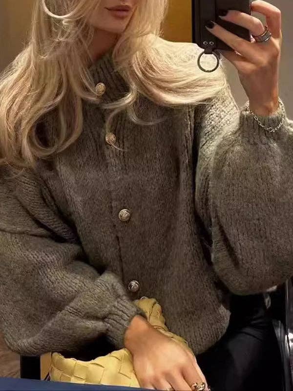 VividLux - Wholesale Cardigan - Women's - Loose Puff Sleeves Buttoned Split-Joint Round-Neck Cardigan Tops12