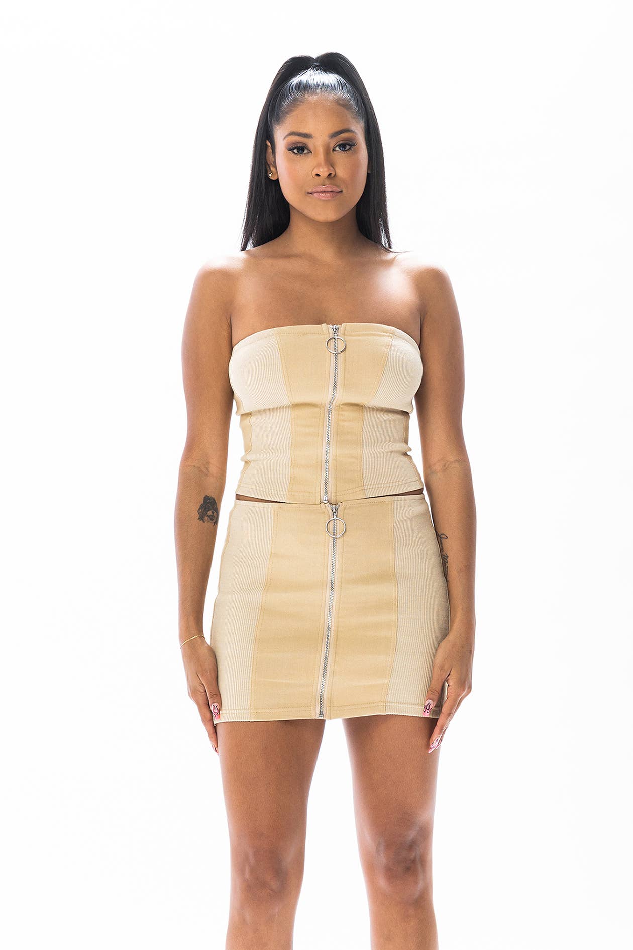 Khaki Sleeveless contrast zipper top and mini skirt set for wholesale on Faire0