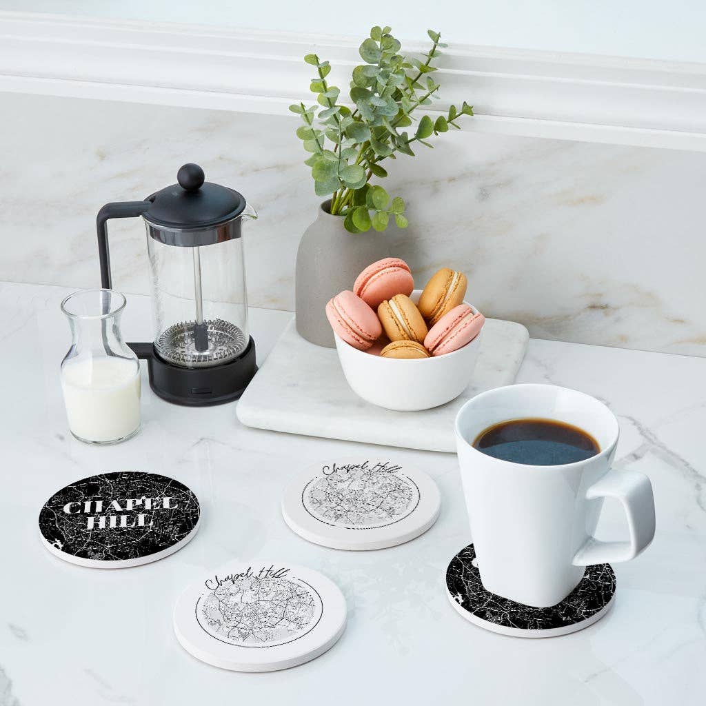 Love Local - Wholesale Coasters - Minimalistic B&W North Carolina Chapel Hill Maps | Absorbent Coasters | Set of 4 | Min 23