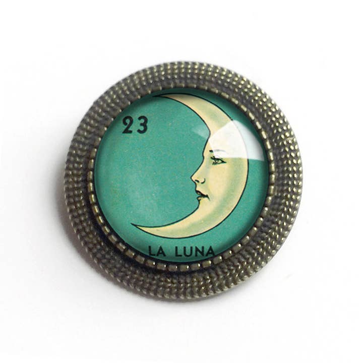 The Divine Iguana - Wholesale Brooch - Loteria La Luna Crescent Moon Glass Cabochon Brooch1