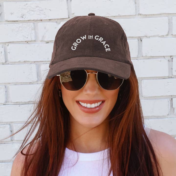 Grow In Grace Embroidered Corduroy Christian Baseball Cap for wholesale by Scripted Pearl