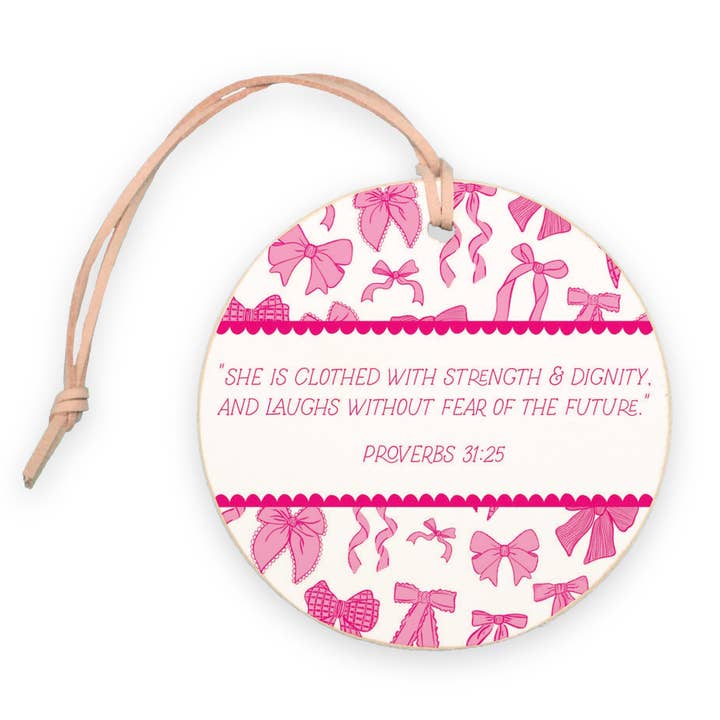 Clairmont & Co - Wholesale Ornament - Pink Bows She Is Clothed Round Ornament, Bow Ornaments