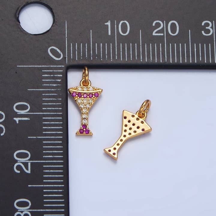 Aim Eternal - Wholesale Individual Charm/Pendant - 24K Gold Filled Fuchsia Micro Paved CZ Martini Alcohol Drink Charm | X7911