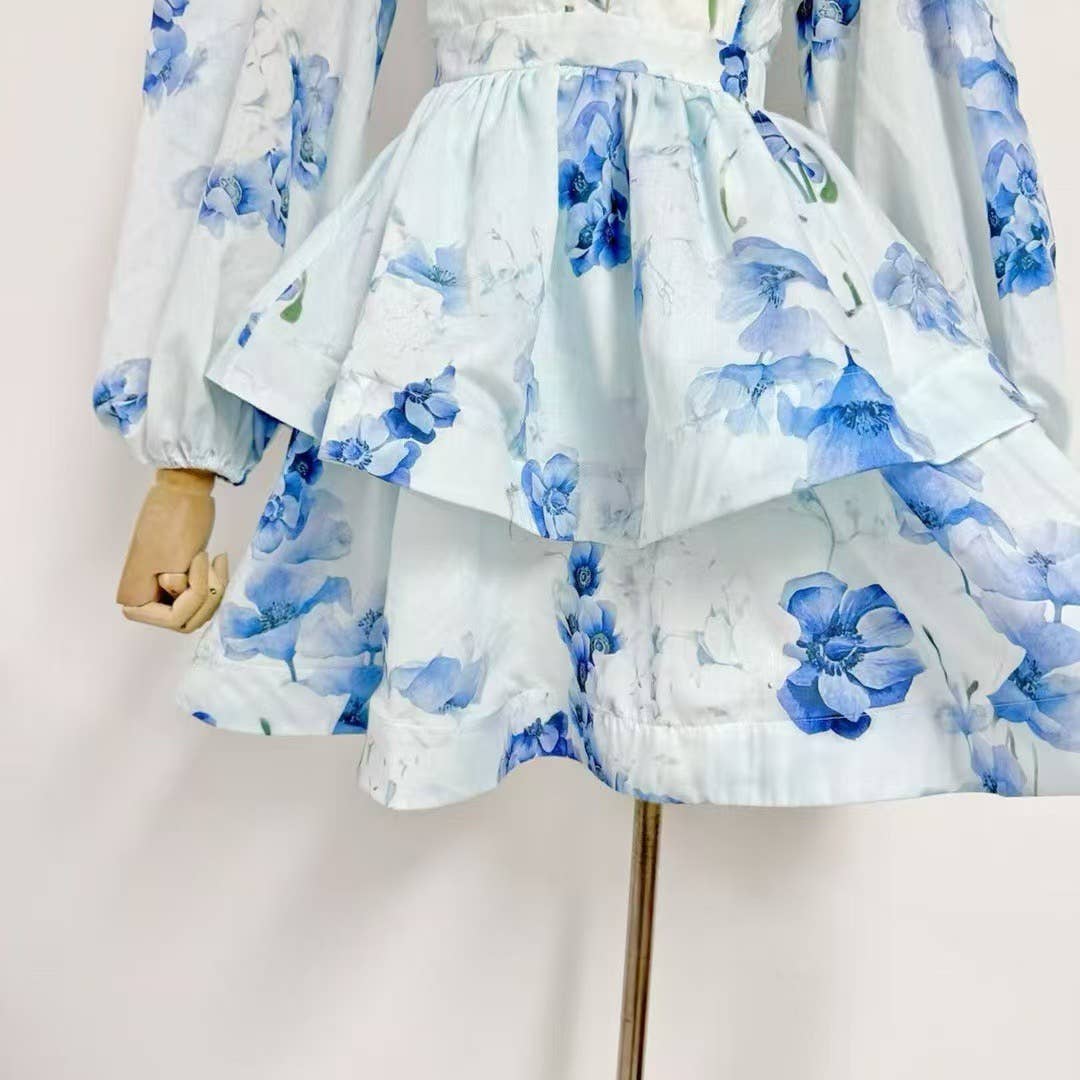 Productseeker - Wholesale Dress - Women's - DR438 V-Neck Lantern Sleeve Floral Print Short Dress4