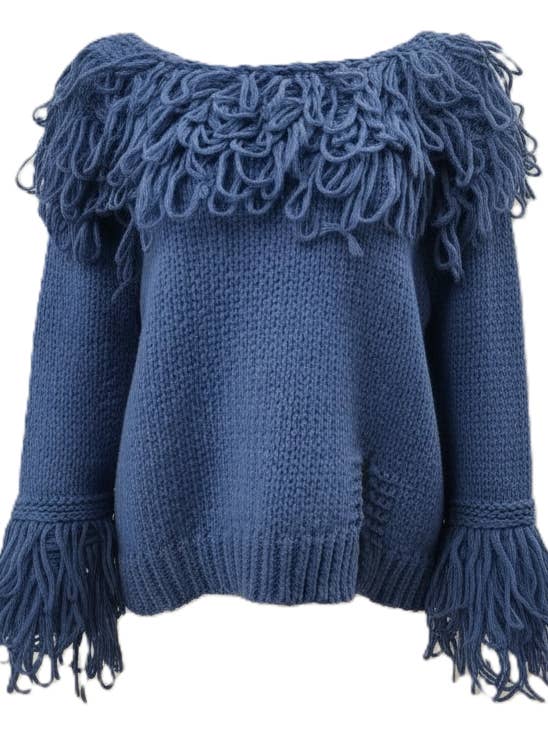 Maglione in denim lavorato a maglia con dettaglio a ricci. per la vendita all'ingrosso da parte di Malissa J Collection