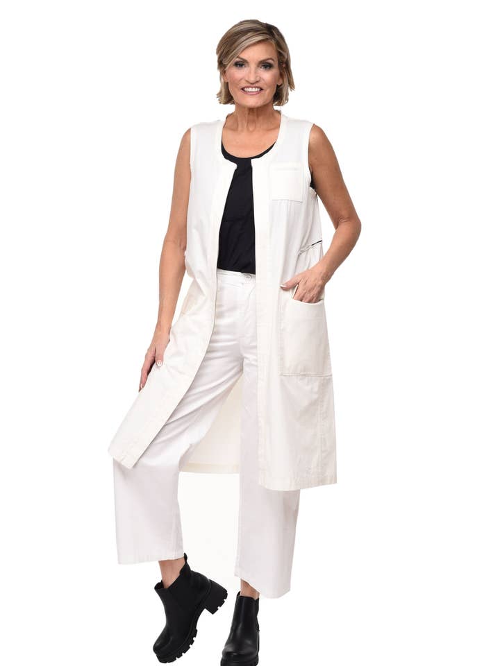 T142 Cassandra Vest in Ivory Twill for wholesale by Tulip Clothing