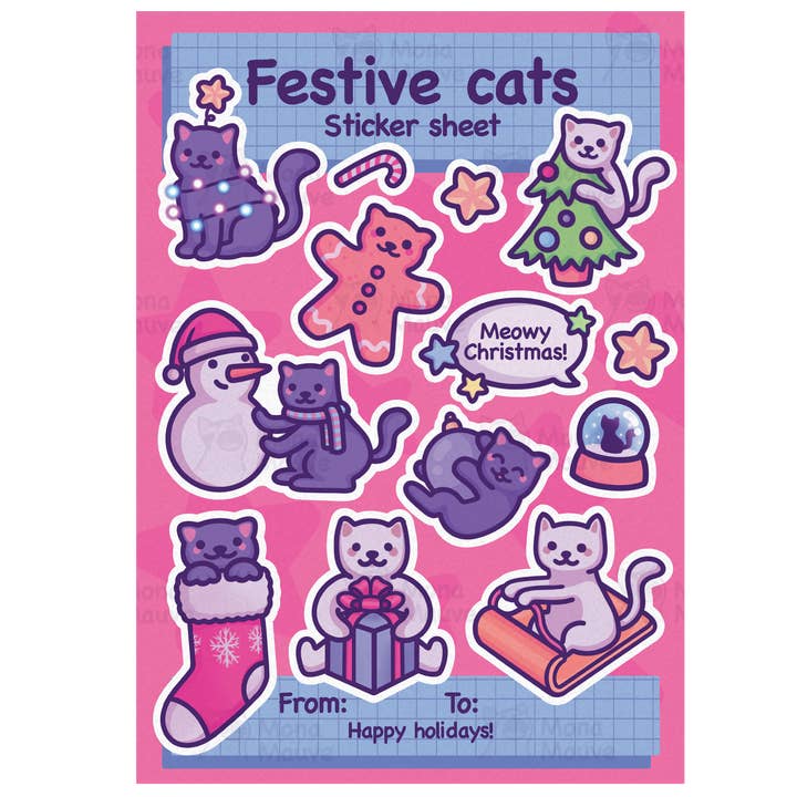 Christmas Sticker Sheet | Festive Cats | 13 Cute Stickers for wholesale by Mona Mauve • Silly Art!