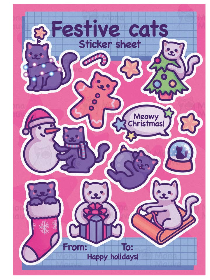 Feuille d'autocollants de Noël | Chats festifs | 13 autocollants mignons pour la vente par Mona Mauve • Silly Art!