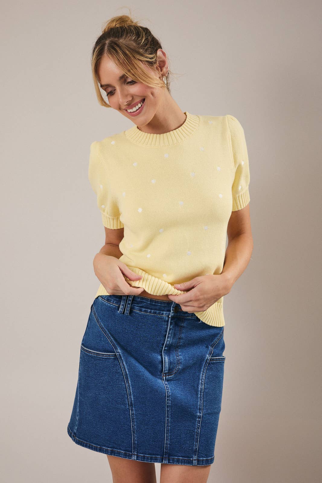 Sunday Edition - Wholesale Knit Sweater - Women's - ROUND NECK PUFF SHORT SLEEVE "POLKA DOT" EMBROIDERED SWEATER30