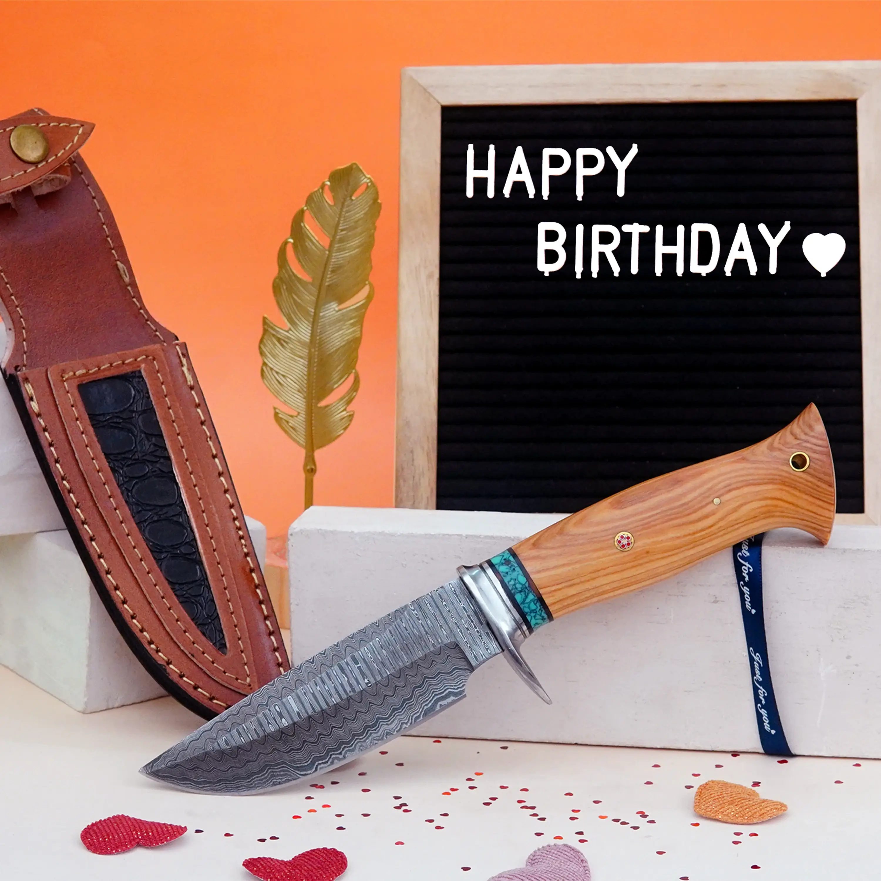 FH KNIVES - Wholesale Pocket Knife/Holder - 10' Handmade damascus steel knife with leather sheath  8