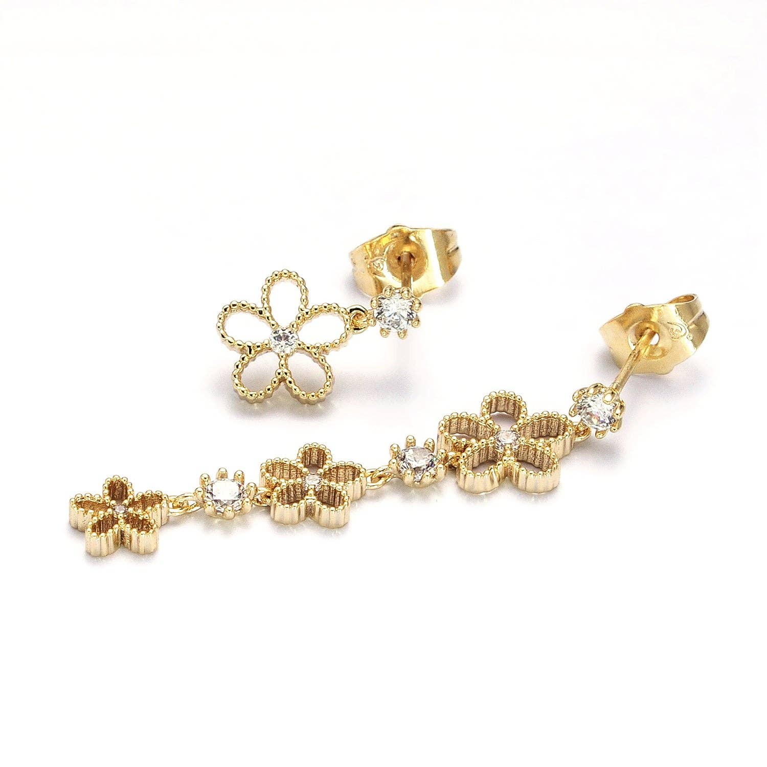 Simply Jewels - Wholesale Jewellery set - Gold Beaded Flower Clear CZ Linear Drop Stud Earrings Set0