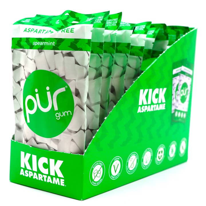 PUR Gum, Spearmint, 55pc Bag, 12ct Display Box for wholesale by Grandpa Joe's Candy Shop