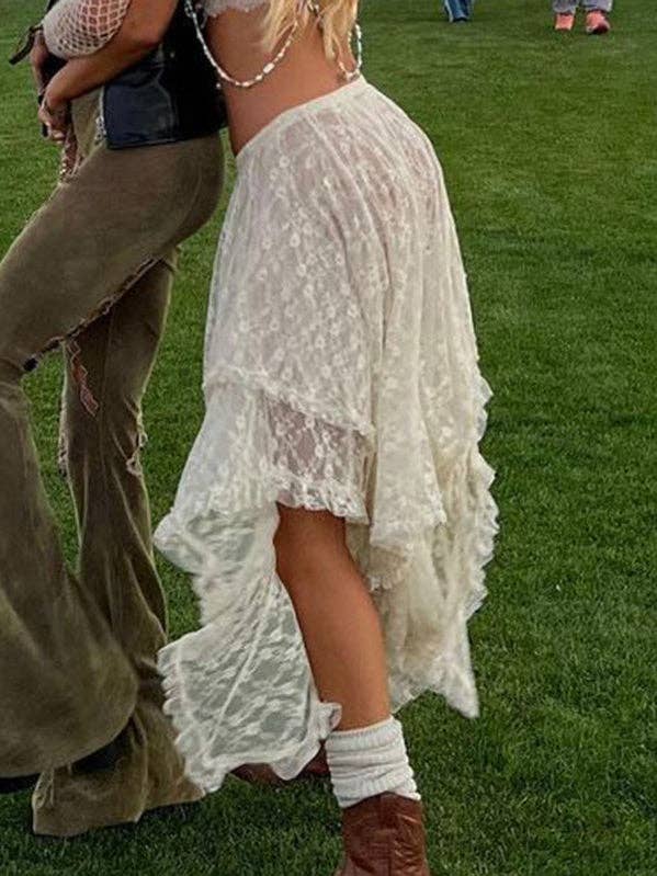 WHITE Sheer Lace Asymmetrical Midi Skirt for wholesale on Faire5