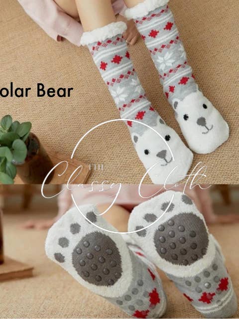 Non-Slip Sherpa Lined Socks - Polar Bear RTS for wholesale by The Classy Cloth WS