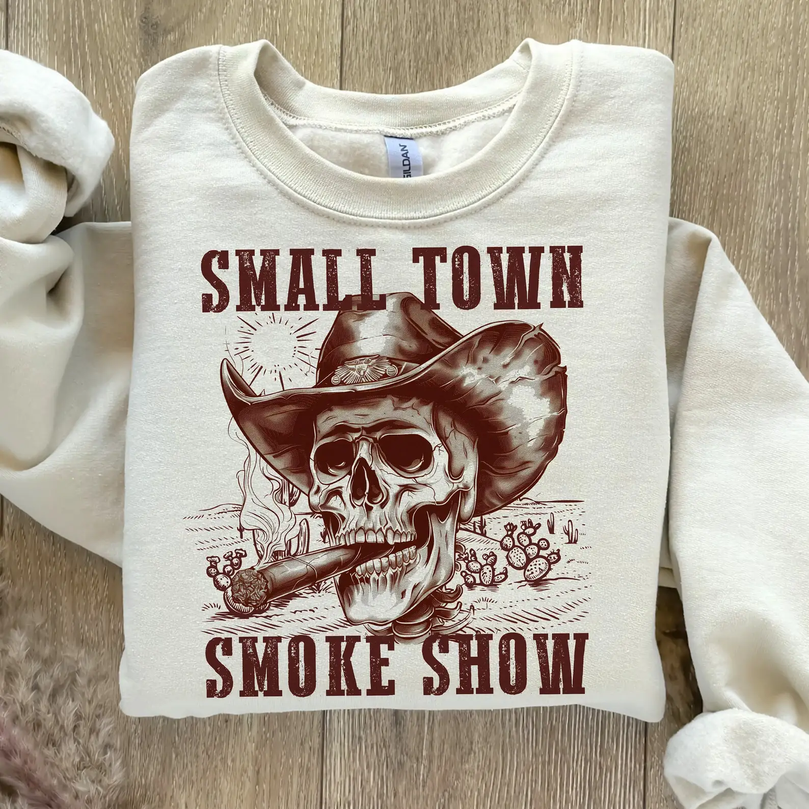 Whiskey & Lace Outfitters /The Longhorn Hippie Co. - Wholesale Graphic Sweatshirt - Women's - Small Town Smoke Show Western Sweatshirts  & Tees    1