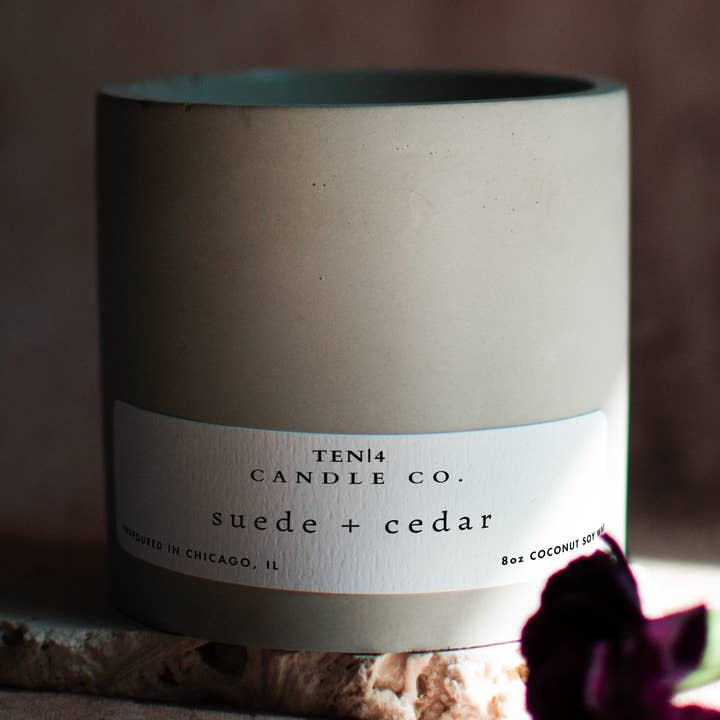 Suede + Cedar 9.5 oz soy wax concrete jar candle for wholesale by TEN|4 Candle Co.